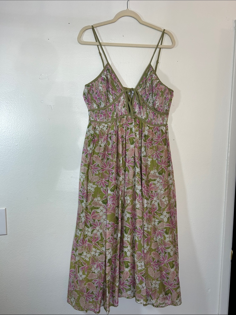 En Saison Olive and Pink Floral Midi Dress with Tie Bodice